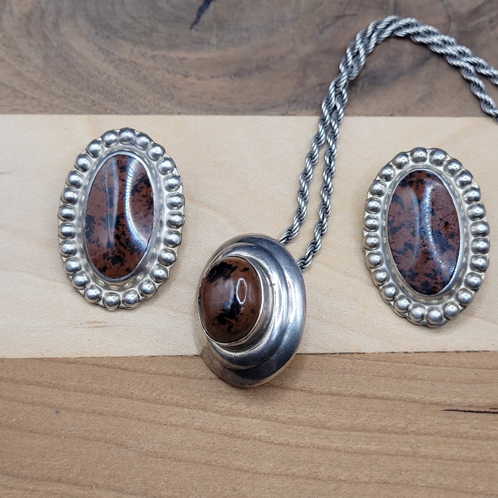 Mexico 925 Sterling And Tigers Eye‎ Necklace And Earrings With Long Chain 24"